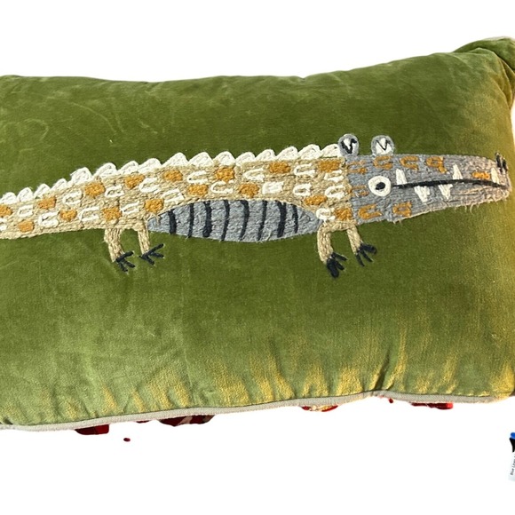 Green Velvet Crocodile Embroidered Accent Pillow 21x14 Alligator - Picture 3 of 6
